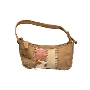 LEI Vintage Y2K Patchwork Small Shoulder Bag Brown Faux Suede Cow Print Baguette